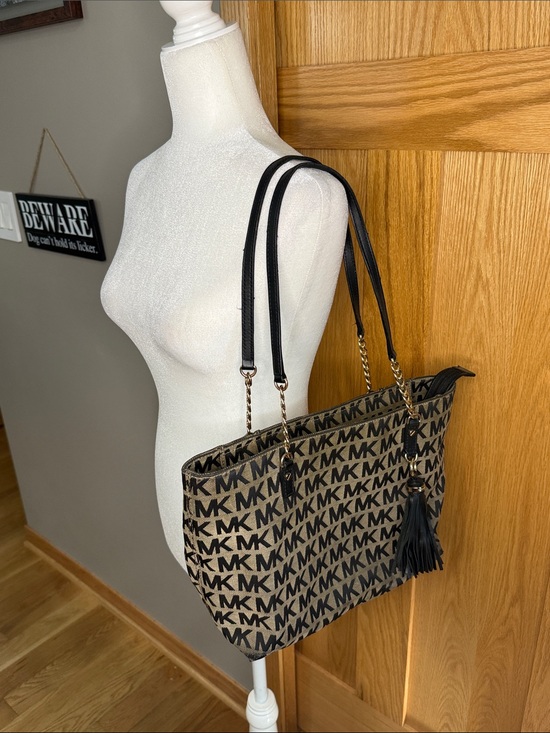 Michael Kors Handbags - Michael Kors Brown and Black MK Signature Tote with Tassel